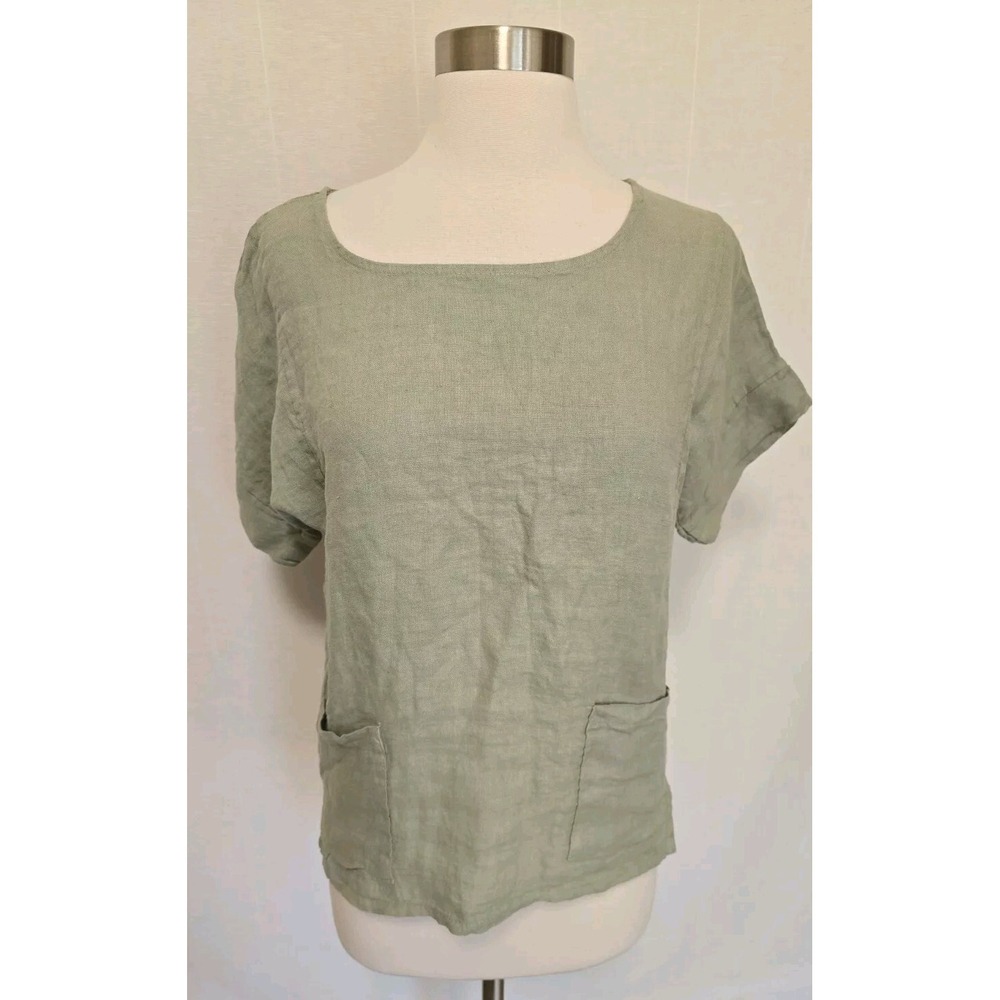 Francesca Bettini Size Small Pullover Short Sleeve Boxy‎ Top 100% Linen Green